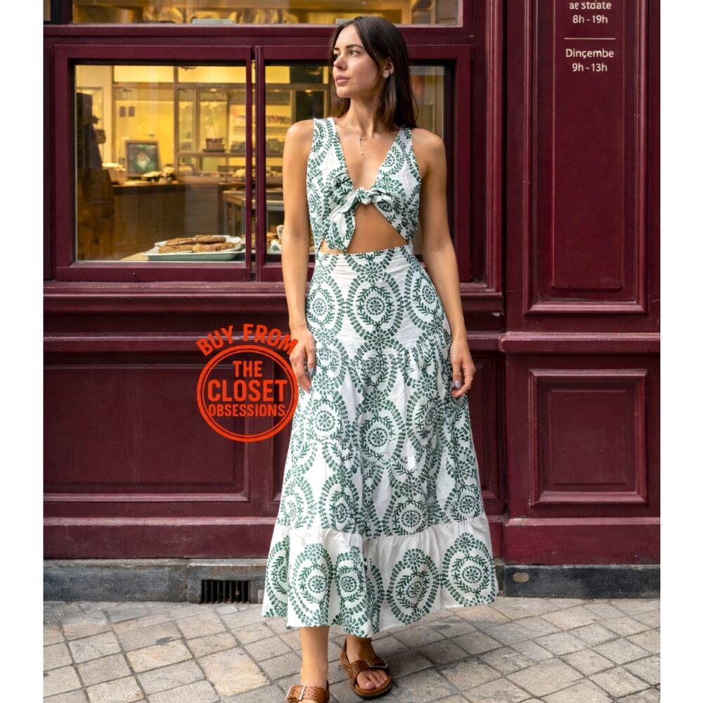 Zara NWT Green White Front Knot Cutout Midi Dress Resort Vacation M L - Picture 6 of 16